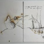 Marina Berdalet - series - llibres d’art sobre obra poètica - Salvador Espriu - Knowles el penjat s’ho mira a cinc pams de la branca - Tinta xinesa, foc i fum, mixta sobre paper - 50 x 35 cm - 2013