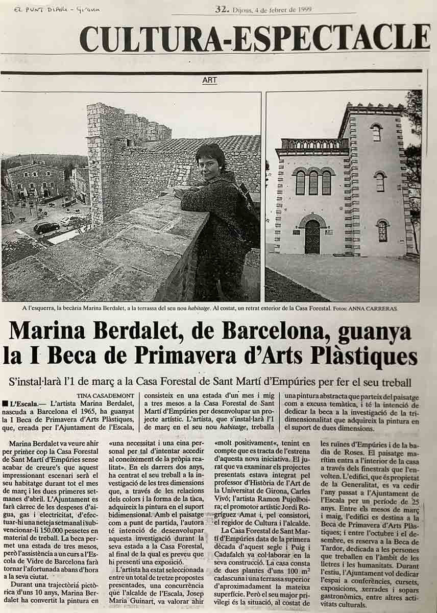 Marina Berdalet - Exposicions - I Beca de la Primavera a Sant Martí d’Empúries - Contemplació: Cel, Mar, Terra - Ajuntament de l’Escala -1999 - El Punt 4 de febrer 1999